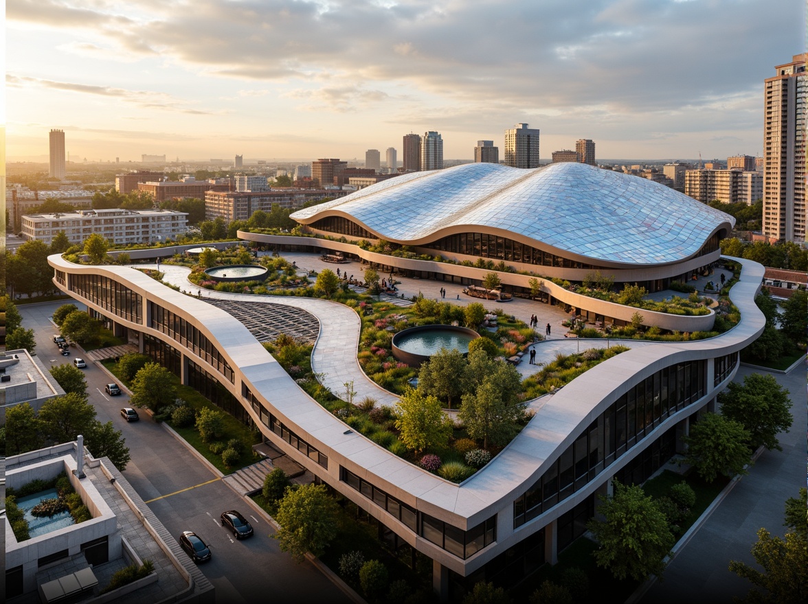 Prompt: Futuristic concert house, undulating rooflines, dynamic curves, iridescent glass tiles, LED light installations, rooftop gardens, verdant green roofs, sustainable building materials, cantilevered structures, angular balconies, panoramic city views, warm golden lighting, shallow depth of field, 1/1 composition, realistic textures, ambient occlusion.