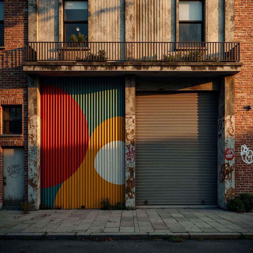 Prompt: Rustic industrial facade, exposed brick walls, corrugated metal cladding, abstract geometric patterns, irregular shapes, bold colorful accents, distressed textures, urban graffiti, atmospheric mist, warm golden lighting, shallow depth of field, 1/1 composition, dramatic shadows, realistic reflections, ambient occlusion.