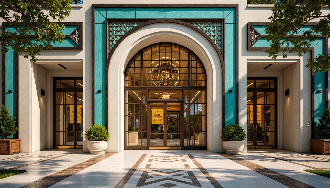 Prompt: Geometric community center, art deco fa\u00e7ade, ornate metal details, vibrant turquoise accents, symmetrical composition, grand entrance archways, decorative friezes, chevron patterns, zigzag motifs, luxurious marble floors, ornamental bronze doors, stylized typography signage, warm golden lighting, shallow depth of field, 1/1 composition, realistic textures, ambient occlusion.