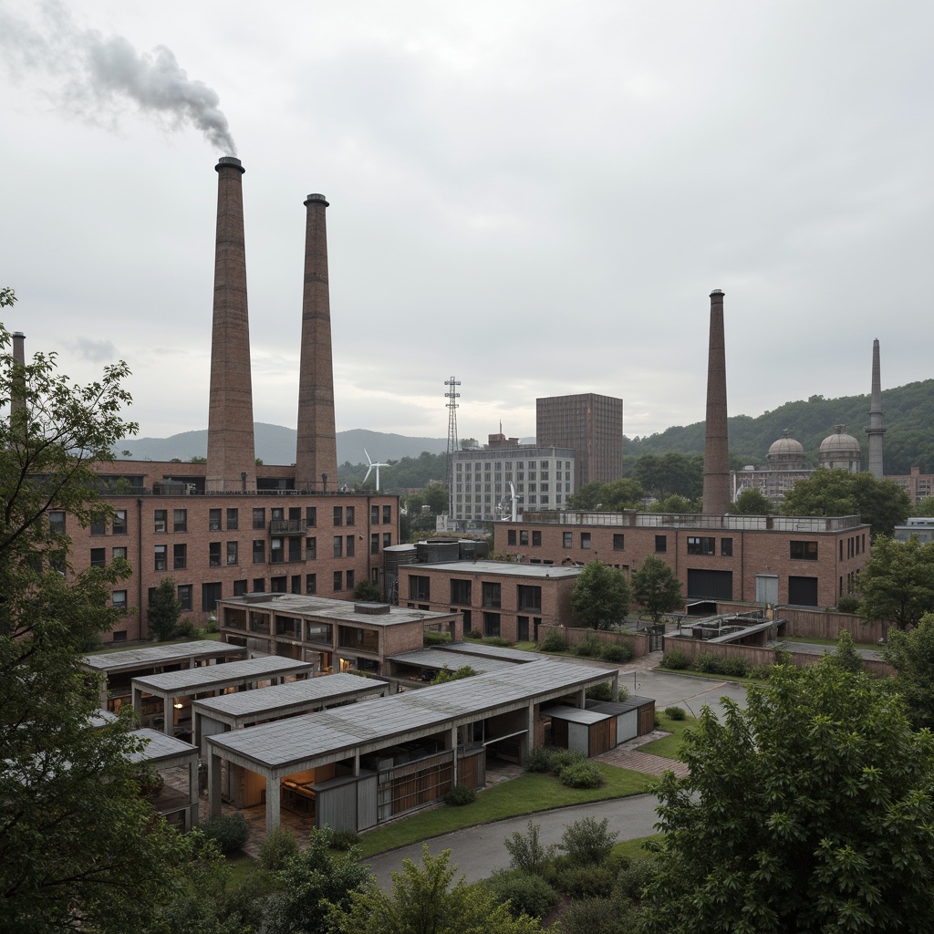 Prompt: Rustic industrial landscape, abandoned factories, old brick chimneys, reclaimed warehouses, solar panel arrays, wind turbines, biofuel tanks, green roofs, living walls, natural ventilation systems, recycled metal cladding, low-carbon footprint, minimalist design, functional simplicity, neutral color palette, overcast skies, soft diffused lighting, shallow depth of field, 2/3 composition, cinematic atmosphere, realistic textures, ambient occlusion.