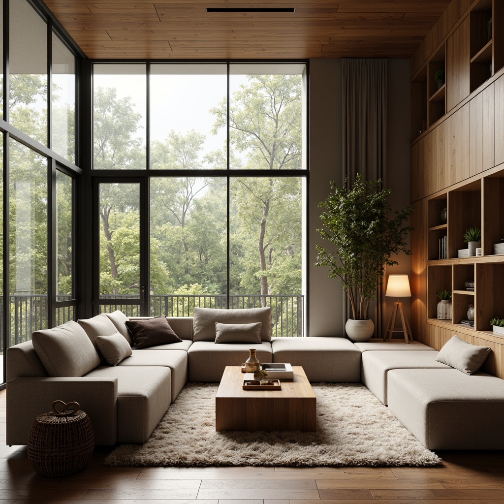 Prompt: Cozy living room, comfortable sofas, wooden coffee table, large windows, natural light, soft warm atmosphere, 3/4 composition, shallow depth of field, realistic textures, ambient occlusion, modern minimalist decor, functional shelving units, elegant floor lamps, plush area rugs, earthy color palette, ergonomic furniture design, efficient storage solutions, smart home technology integration, relaxing ambiance, calm color scheme.