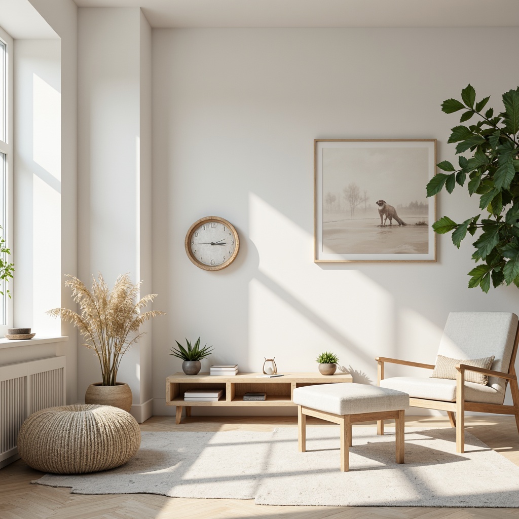 Prompt: Monochromatic neutral tones, soft creamy whites, gentle beiges, subtle grays, calming blues, muted greens, natural textures, minimalist decor, simple shapes, clean lines, empty spaces, Scandinavian-inspired aesthetic, morning sunlight, soft shadows, shallow depth of field, 1/1 composition, realistic renderings, ambient occlusion.