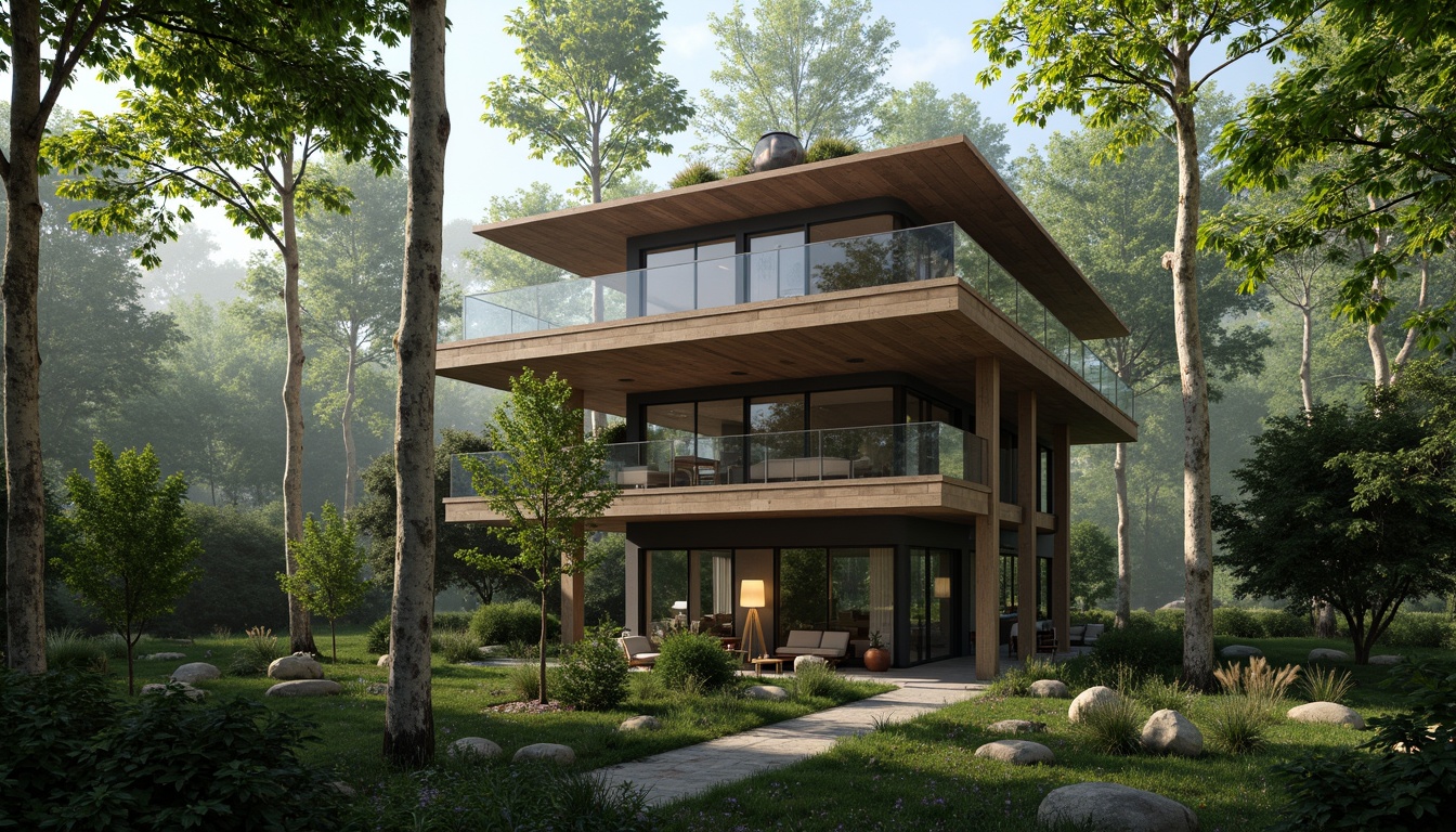 Prompt: Seamless forest integration, organic treehouse design, wooden cantilevered roofs, greenery-covered facades, natural stone foundations, earthy color palette, sustainable materials, minimal carbon footprint, immersive forest surroundings, misty atmosphere, soft dappled lighting, shallow depth of field, 1/2 composition, intimate scale, cozy interior spaces, reclaimed wood accents, floor-to-ceiling windows, panoramic views, realistic foliage textures, ambient occlusion.