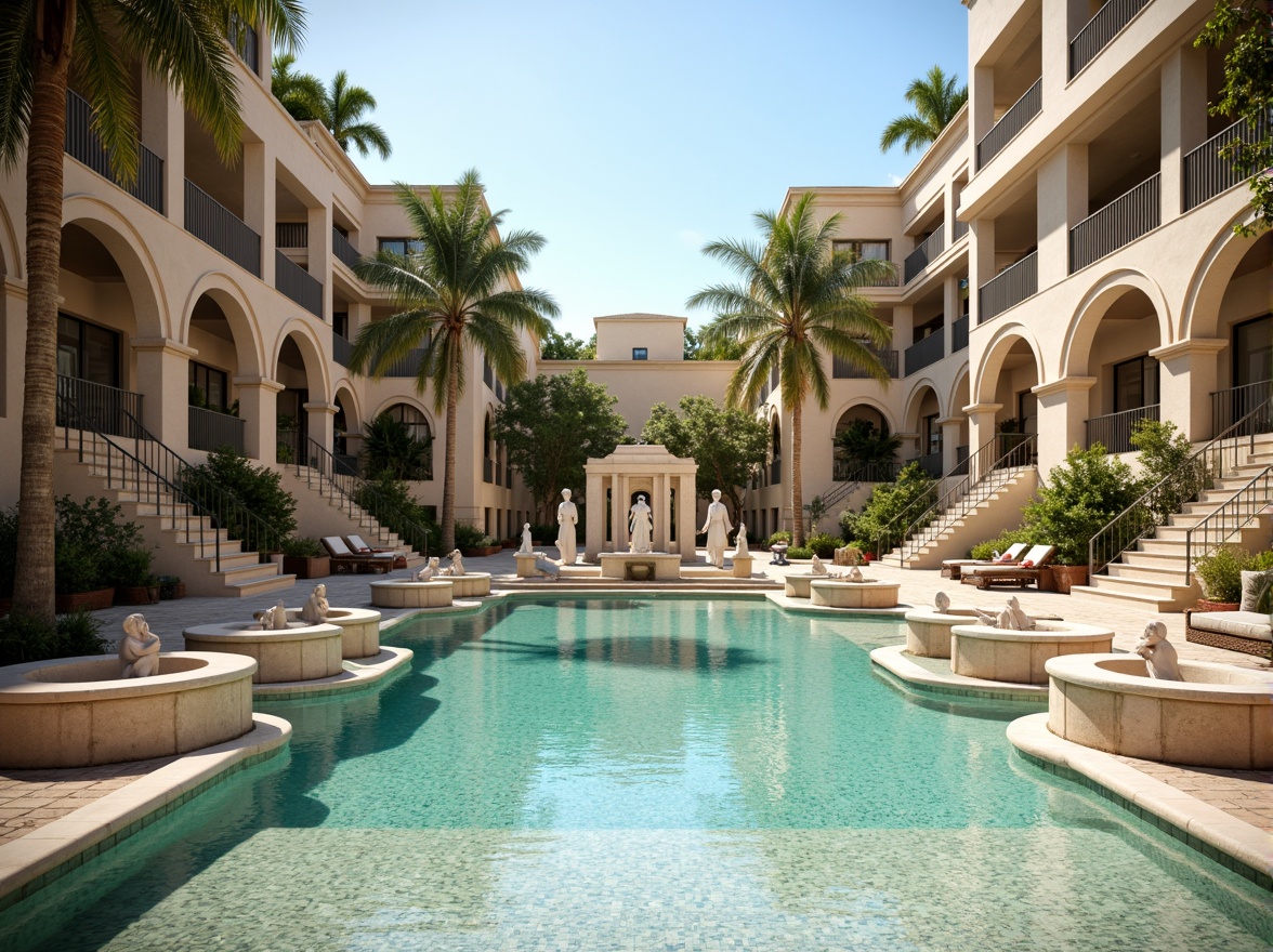 Prompt: Grandiose poolside, ornate fountains, majestic statues, symmetrical architecture, Ionic columns, curved staircases, elegant balconies, intricate moldings, luxurious marble flooring, crystal clear water, serene atmosphere, warm sunny day, soft natural lighting, shallow depth of field, 1/2 composition, realistic textures, ambient occlusion.