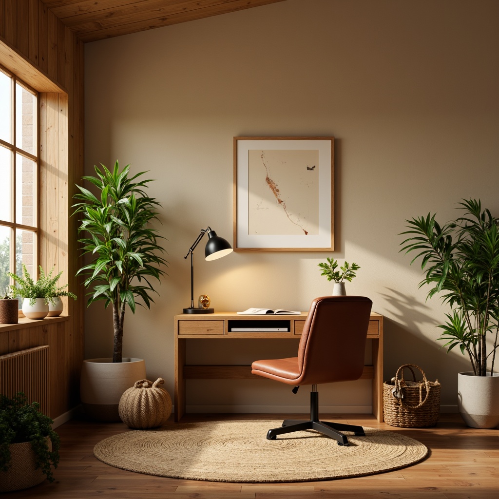 Prompt: Cozy study area, warm beige walls, comfortable seating, wooden desk, leather chair, floor lamp, greenery plants, minimal decor, calm atmosphere, natural light, soft shadows, 1/1 composition, intimate scale, inviting textures, subtle color palette, peaceful ambiance.