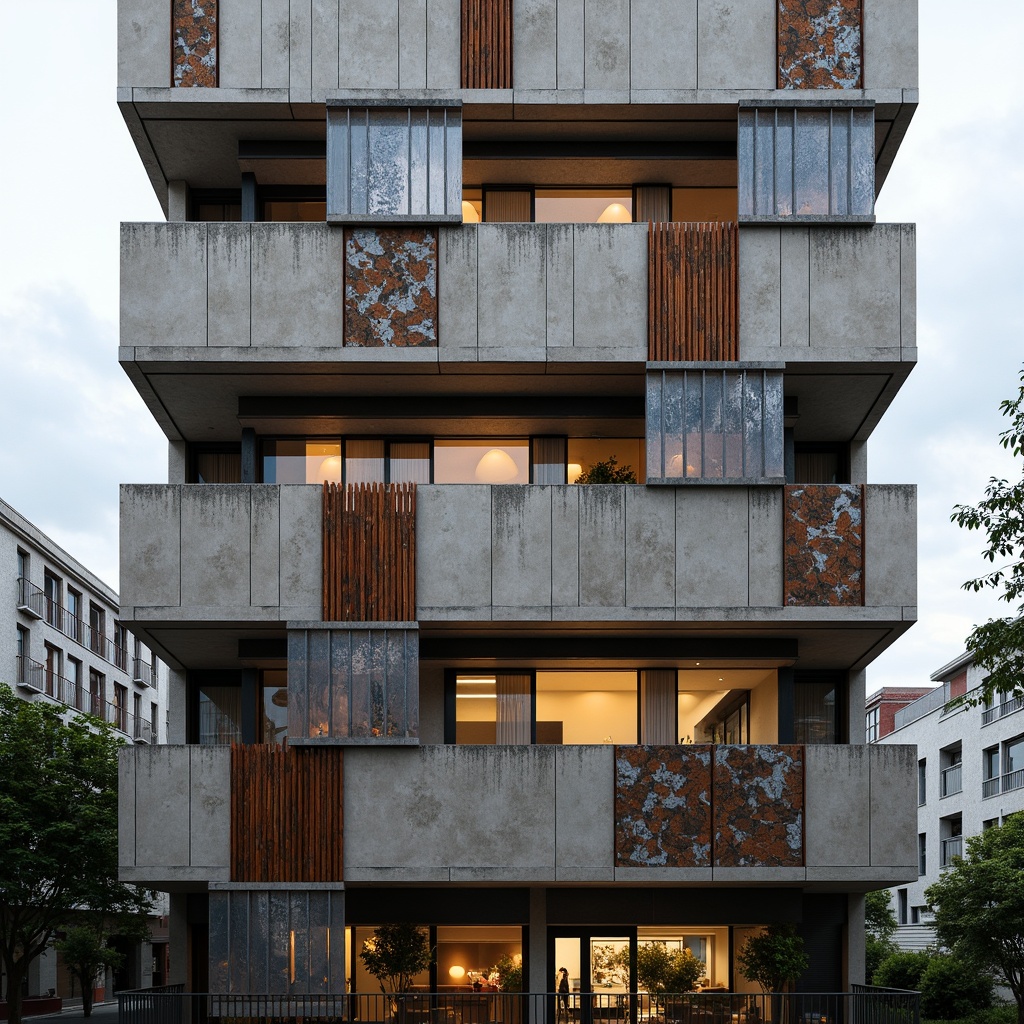 Prompt: Deconstructivist building facade, fragmented concrete blocks, rusty metal panels, distressed wood textures, fractured glass surfaces, abstract geometric patterns, irregular shapes, bold color contrasts, dynamic light reflections, dramatic shadows, urban cityscape background, overcast sky, strong wind effects, 1/2 composition, low-angle shot, cinematic lighting, high-contrast rendering, detailed normal maps.