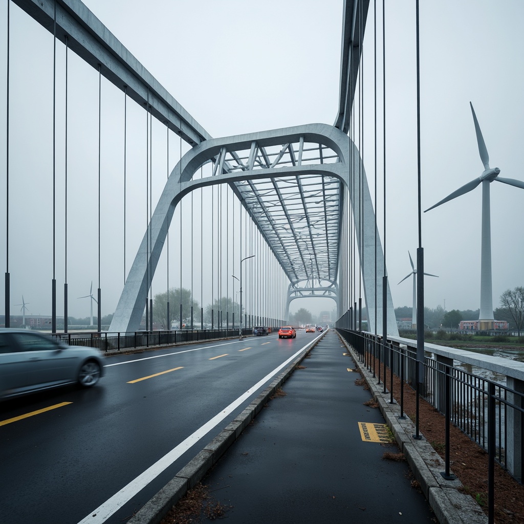 Prompt: Futuristic vehicular bridge, sweeping curved lines, metallic silver beams, gleaming steel cables, suspension towers, arching roadway, dynamic motion blur, misty atmosphere, industrial urban landscape, concrete piers, rust-resistant coatings, LED lighting systems, pedestrian walkways, safety railings, wind turbine installations, solar panel canopies, energy-harvesting roads, high-strength concrete materials, geometric latticework patterns, cinematic low-angle shot, dramatic chiaroscuro lighting, shallow depth of field, 1/1 composition.