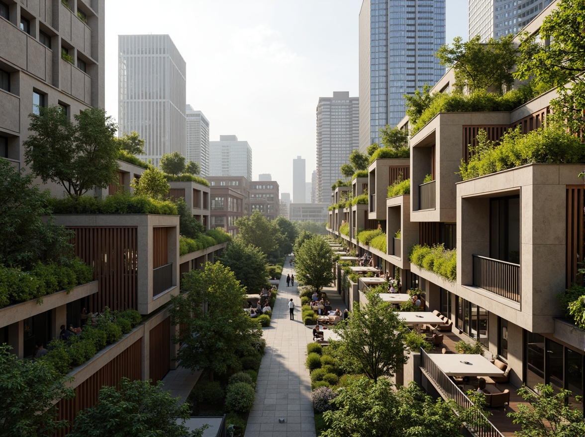 Prompt: Vibrant green roofs, lush vertical gardens, modern apartment complex, experimental architecture design, sleek metal balconies, floor-to-ceiling windows, natural stone walls, wooden accents, soft warm lighting, shallow depth of field, 3/4 composition, panoramic view, realistic textures, ambient occlusion, urban cityscape, bustling streets, surrounding skyscrapers, morning sunlight, misty atmosphere, water feature integration, outdoor seating areas, community gathering spaces, sustainable living solutions.