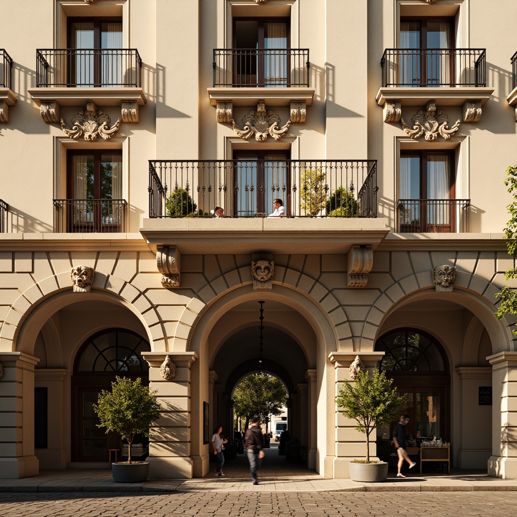 Prompt: Grand hotel facade, ornate stone carvings, rusticated quoins, symmetrical composition, classical arches, decorative cornices, grand entranceways, stately columns, intricate ironwork, warm golden lighting, soft focus, shallow depth of field, 1/2 composition, warm beige color palette, elegant ornamental details, subtle texture overlays, realistic ambient occlusion.