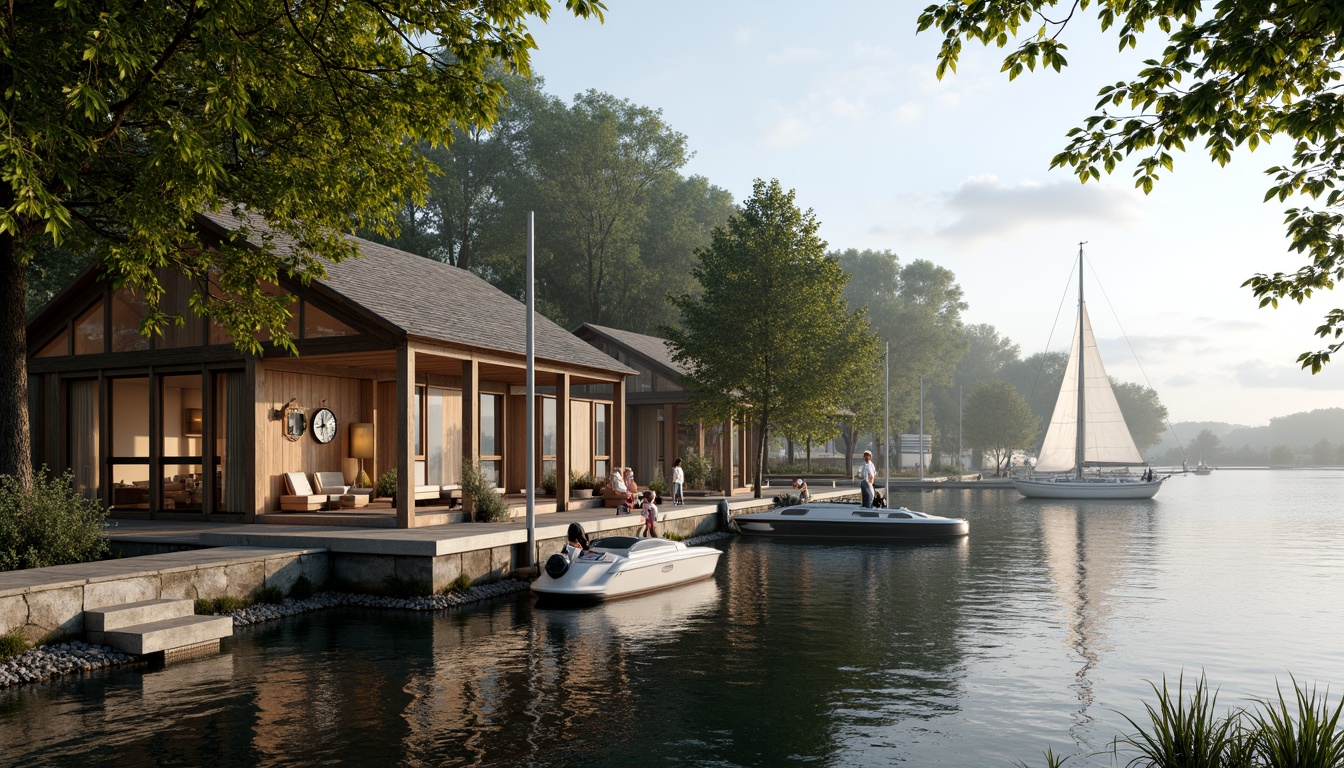 Prompt: Waterfront location, serene lake views, wooden dock, sailboats, lush greenery, overhanging trees, rustic boathouse architecture, natural stone foundation, wooden accents, nautical decorations, cozy interior spaces, large windows, glass doors, soft warm lighting, shallow depth of field, 3/4 composition, panoramic view, realistic textures, ambient occlusion, waterfront promenade, scenic walking paths, rippling water effects, misty morning atmosphere.