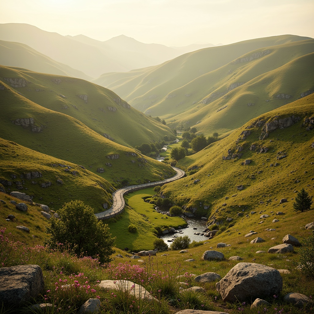 Prompt: Rolling hills, serene landscape, gentle slopes, rustic stone walls, meandering streams, vibrant wildflowers, soft misty atmosphere, warm golden lighting, impressionist brushstrokes, expressive colors, bold geometric shapes, abstract forms, dynamic energy, rhythmic patterns, instrumental textures, melancholic mood, contemplative ambiance, 1/2 composition, shallow depth of field, warm color palette, organic forms, natural materials.