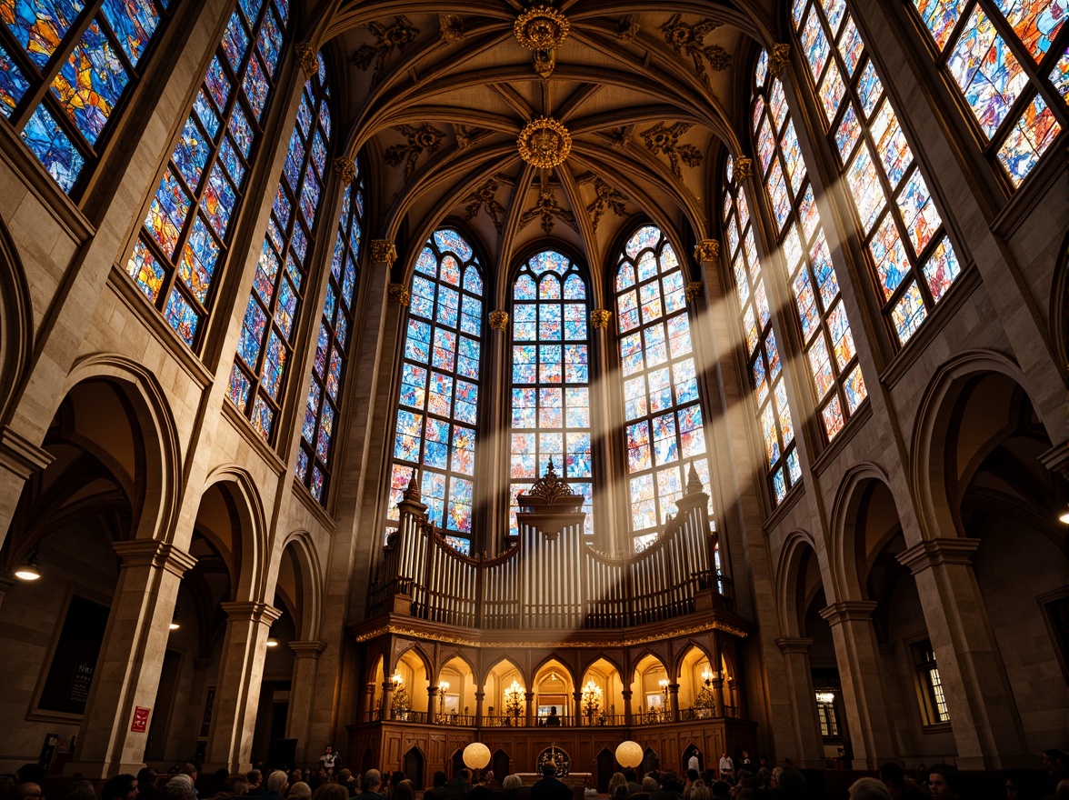 Prompt: Vibrant stained glass windows, intricate Gothic architecture, grand cathedral ceilings, ornate stone carvings, majestic pipe organs, warm golden lighting, richly colored glass mosaics, delicate floral patterns, subtle texture details, dramatic beam of light, 1/1 composition, symmetrical framing, soft focus blur, realistic glass reflections.