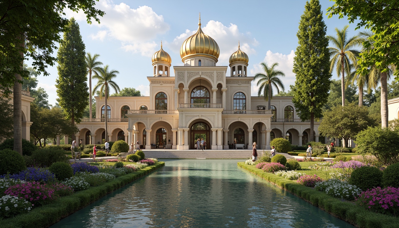 Prompt: Majestic Byzantine palace, lush greenery, serene lakefront, ornate stone carvings, golden domes, intricate mosaics, grand archways, majestic columns, vibrant floral patterns, warm sunny day, soft warm lighting, shallow depth of field, 3/4 composition, panoramic view, realistic textures, ambient occlusion.