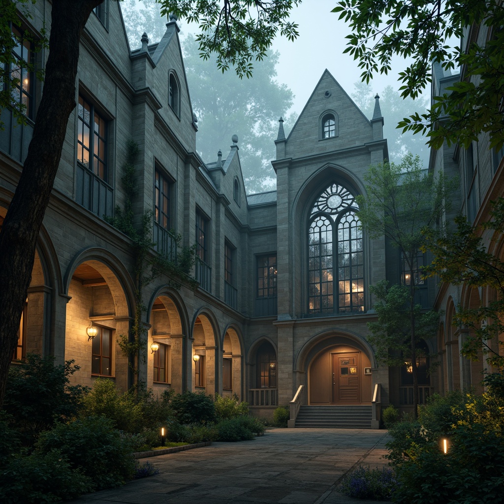 Prompt: Mysterious forest, twisted tree branches, overgrown vegetation, ruined stone walls, Gothic spires, pointed arches, ribbed vaults, flying buttresses, stained glass windows, grand entrance halls, ornate decorations, intricate stone carvings, misty atmosphere, soft warm lighting, 1/1 composition, cinematic view, realistic fog effects, ambient occlusion.