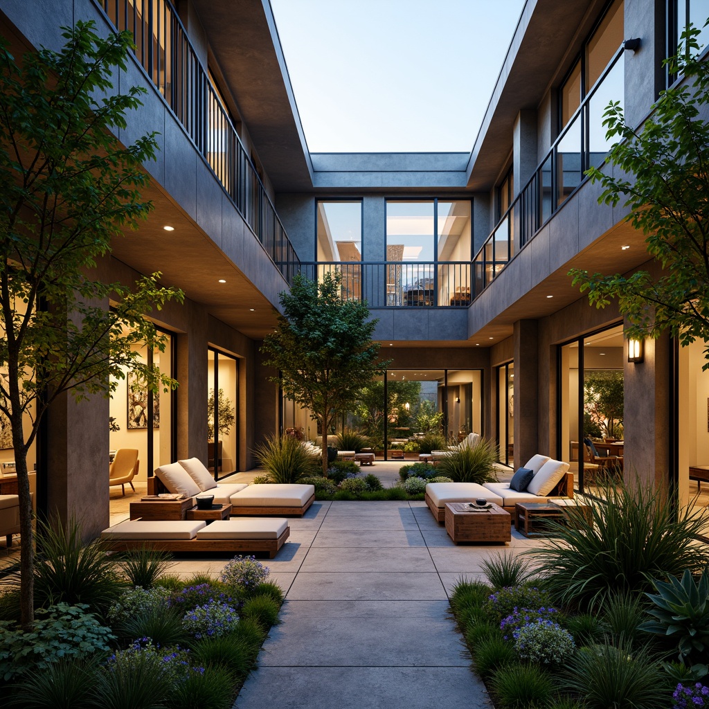 Prompt: Cozy residential courtyard, lush greenery, vibrant flowers, natural stone pathways, wooden benches, outdoor lighting fixtures, warm ambiance, soft gentle breeze, shallow depth of field, 1/1 composition, intimate scale, realistic textures, ambient occlusion, modern housing design, private balconies, spacious terraces, panoramic views, sleek metal railings, minimalist decor, comfortable outdoor furniture, plush cushions, warm color schemes, inviting atmosphere.Please let me know if this meets your requirements.