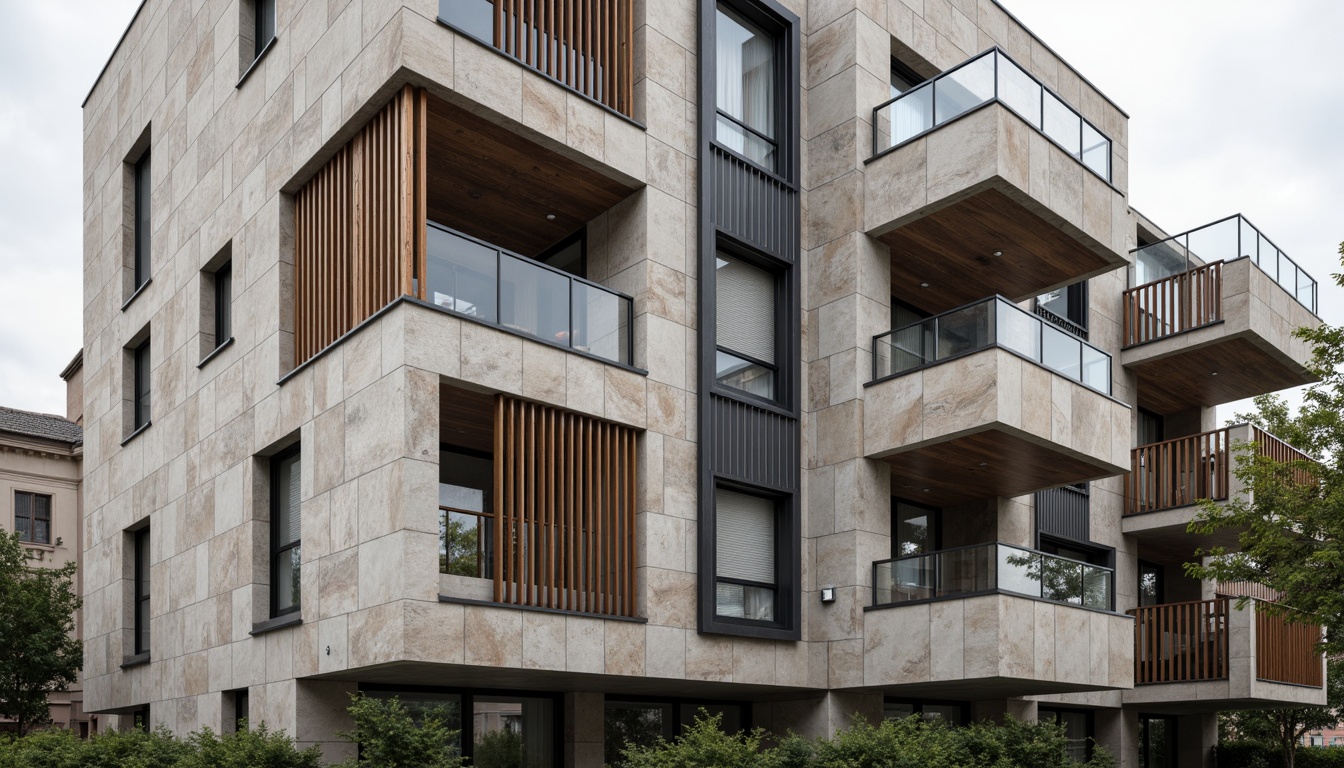 Prompt: Modern building facade, rough stone walls, weathered metal panels, wooden accents, geometric patterns, glass balconies, minimalist railings, urban cityscape, overcast sky, soft diffused lighting, shallow depth of field, 1/1 composition, realistic textures, ambient occlusion, natural materials, industrial chic aesthetic, brutalist architecture influence, clean lines, functional design.