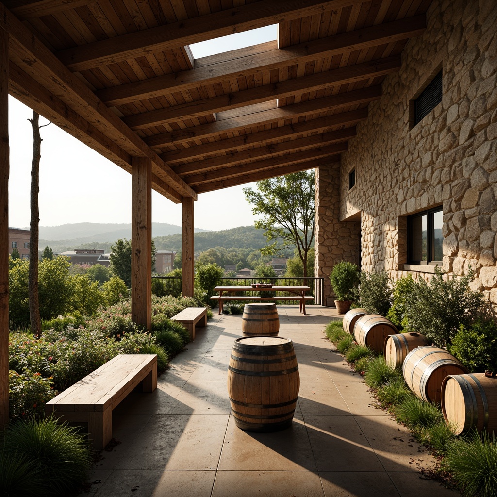 Prompt: Rustic winery, earthy tones, natural stone walls, wooden barrels, vineyard views, rolling hills, green roofs, living walls, vertical gardens, large windows, clerestory windows, solar chimneys, wind catchers, evaporative cooling systems, shading devices, insulation materials, recycled wood accents, earthy color palette, warm soft lighting, 3/4 composition, natural textures, ambient occlusion.