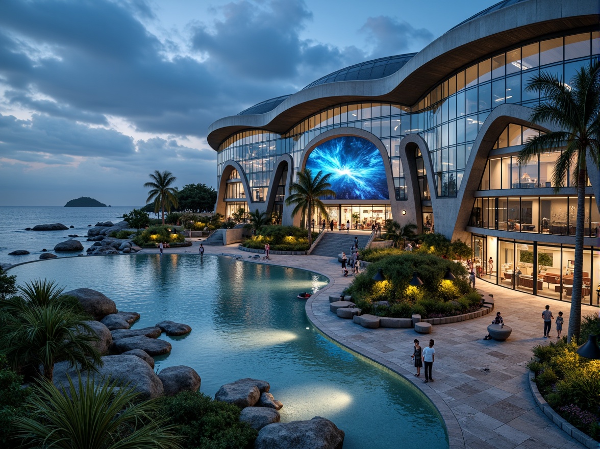 Prompt: Majestic coastal planetarium, ocean-inspired architecture, curved lines, iridescent glass facade, undulating rooftops, wave-like structures, salt-tolerant vegetation, driftwood accents, sea-salt misting systems, ambient ocean sounds, soft blue-green lighting, shallow water features, tidal pools, beach stone walkways, nautical instrument decorations, celestial patterned flooring, astronomical observation decks, telescopic viewing areas, starry night sky projections, panoramic ocean views, realistic wave simulations.