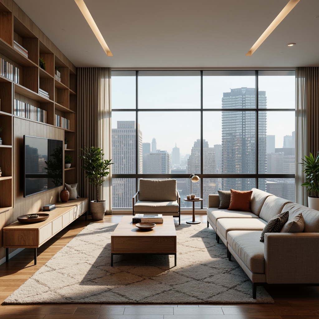 Prompt: Modern living room, sleek sofas, wooden coffee tables, floor lamps, neutral color palette, natural textiles, minimal decor, functional layout, open shelving units, geometric rugs, wall-mounted TVs, hidden storage solutions, ergonomic furniture, task lighting, cozy reading nooks, panoramic city views, softbox lighting, 1/1 composition, realistic reflections, ambient occlusion.