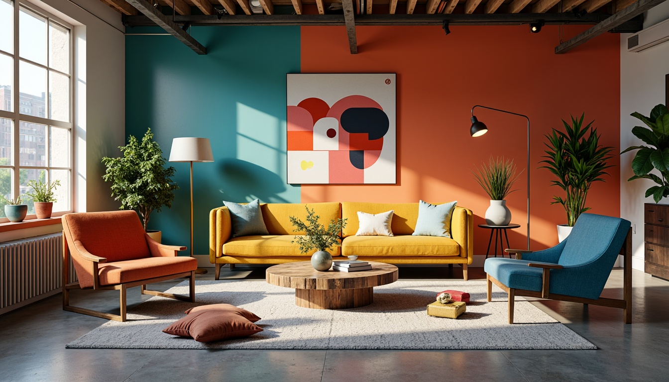 Prompt: Vibrant apartment interior, bold color blocking, contrasting textures, eclectic furniture arrangement, statement lighting fixtures, abstract artwork, modern minimalist decor, sleek metal accents, polished concrete floors, industrial chic atmosphere, natural light pouring in, airy open spaces, 3/4 composition, shallow depth of field, warm soft focus, ambient occlusion.