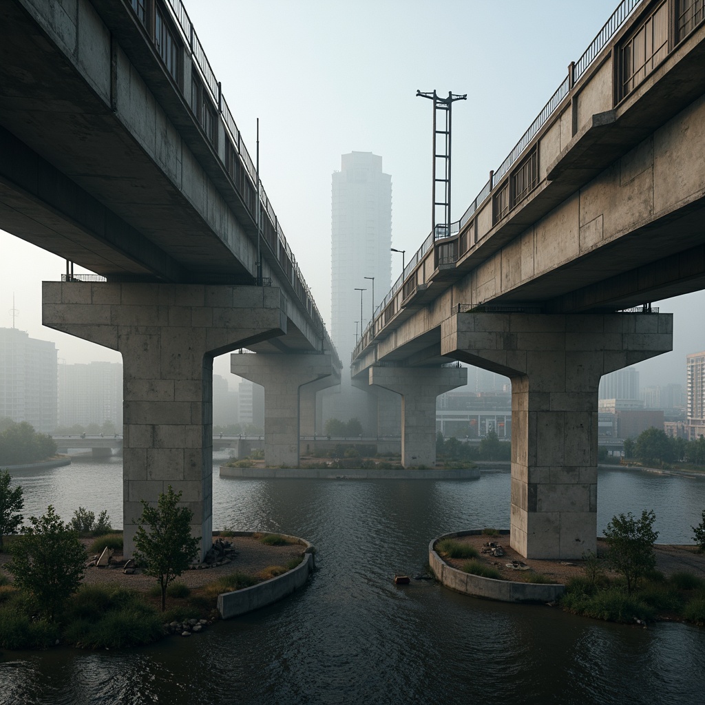 Prompt: Rugged brutalist bridge, raw concrete structure, angular forms, industrial aesthetic, exposed ductwork, functional simplicity, urban cityscape, misty morning atmosphere, dramatic lighting, high-contrast shadows, bold geometric shapes, weathered steel railings, poured concrete piers, cantilevered walkways, asymmetrical composition, cinematic framing, gritty realistic textures, ambient occlusion.