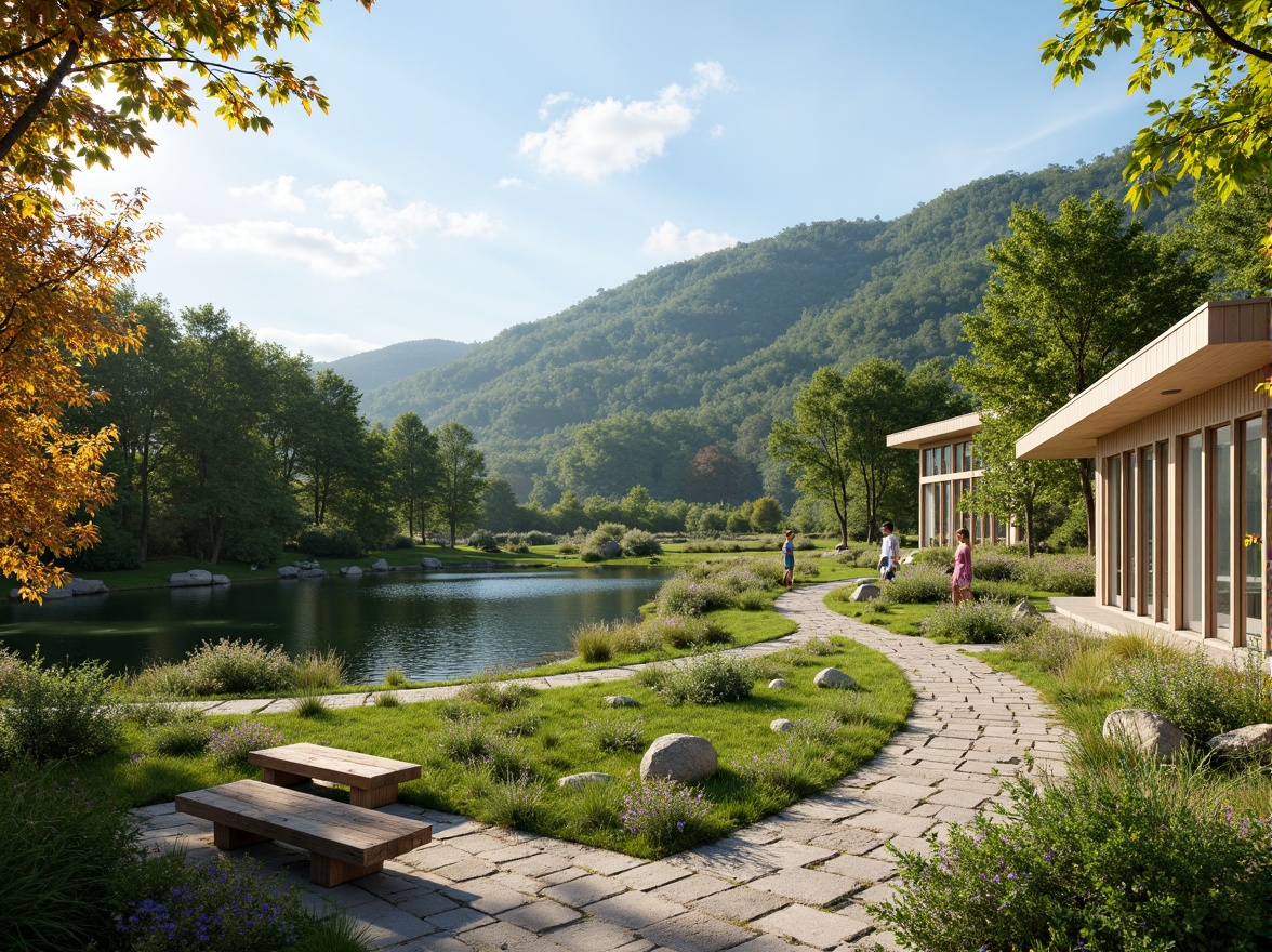 Prompt: Harmonious landscape integration, rolling hills, lush green forests, serene lakeside, walking trails, wooden benches, natural stone pathways, modern architecture, eco-friendly buildings, large windows, glass doors, blooming wildflowers, sunny day, soft warm lighting, shallow depth of field, 3/4 composition, panoramic view, realistic textures, ambient occlusion.