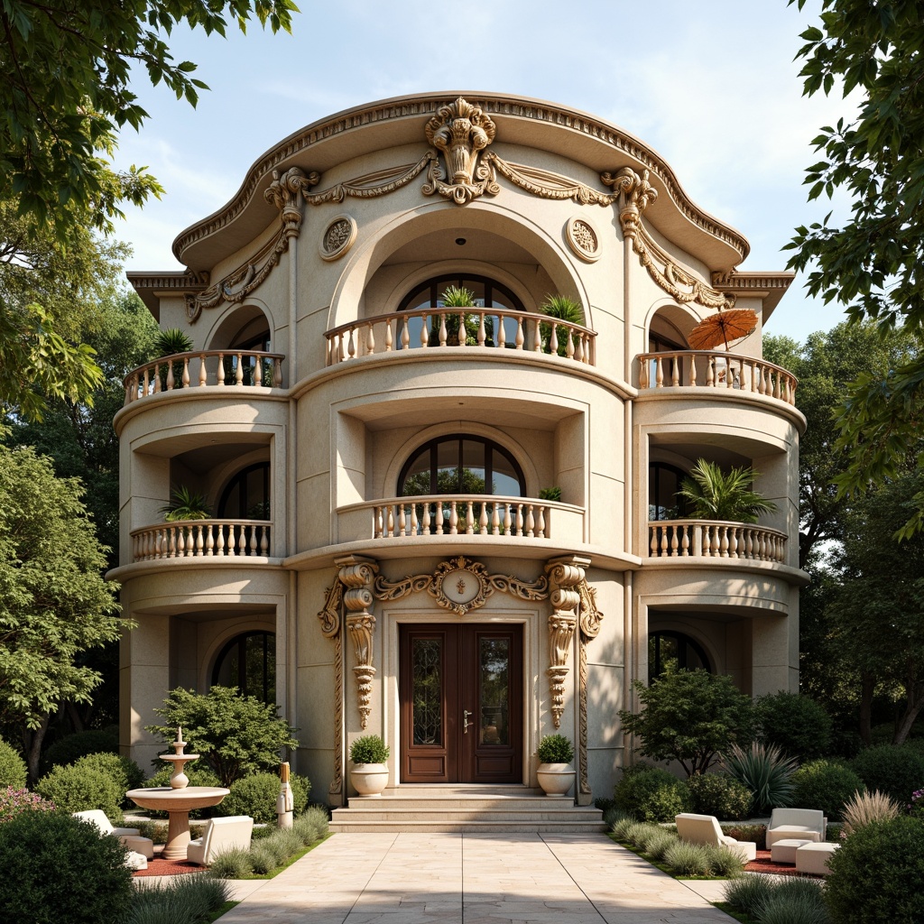 Prompt: Grandiose villa facade, ornate Baroque details, curved lines, rustic stone walls, decorative balconies, intricate carvings, golden ornaments, lavish fountains, symmetrical composition, warm beige colors, creamy white accents, lush greenery, cascading vines, soft natural lighting, shallow depth of field, 1/2 composition, realistic textures, ambient occlusion.