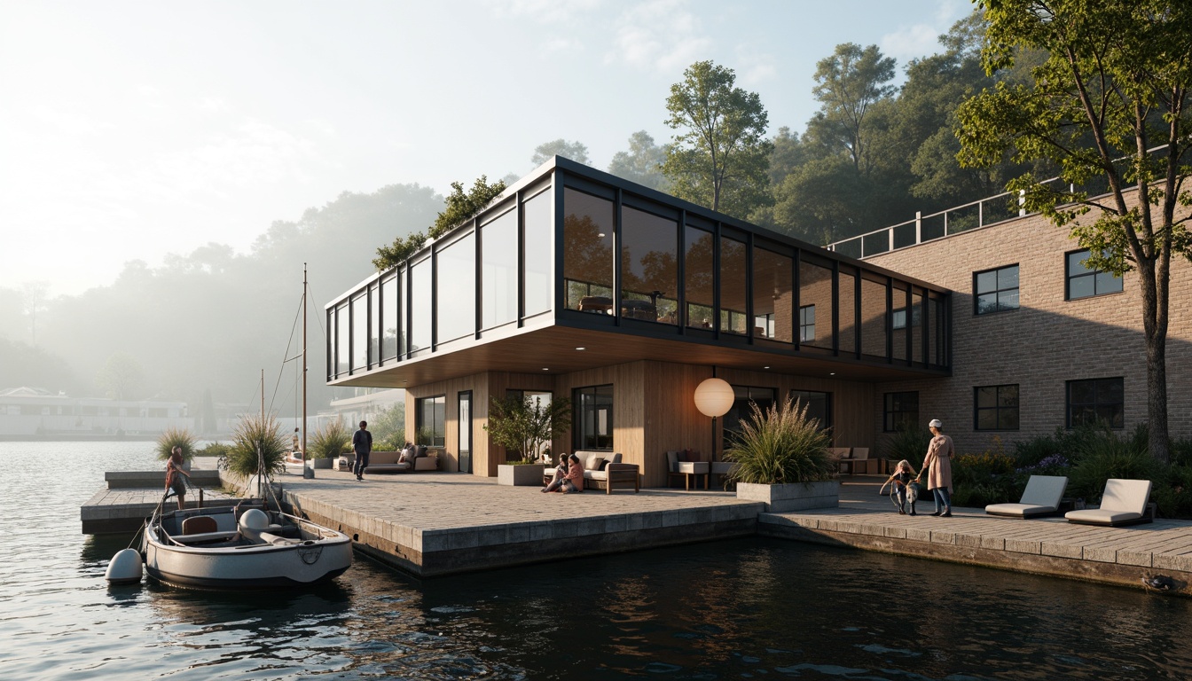 Prompt: Rustic boathouse, waterfront location, wooden docks, sailboats, nautical elements, Bauhaus-inspired fa\u00e7ade, industrial metal frames, oversized windows, minimalist design, functional simplicity, raw concrete walls, exposed brick textures, metallic accents, bold color blocking, asymmetrical composition, dramatic shadows, high-contrast lighting, 1/1 aspect ratio, cinematic atmosphere, misty morning light, soft focus effect.