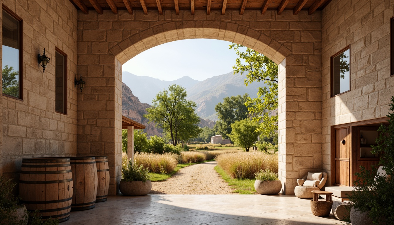 Prompt: Earth-toned winery, rustic stone walls, wooden barrels, lush green vines, golden wheat fields, soft warm lighting, natural textures, weathered wood accents, distressed metal decorations, elegant minimalism, creamy whites, rich terracotta, deep berry reds, muted sage greens, earthy browns, panoramic views, shallow depth of field, 1/1 composition, realistic reflections, ambient occlusion.