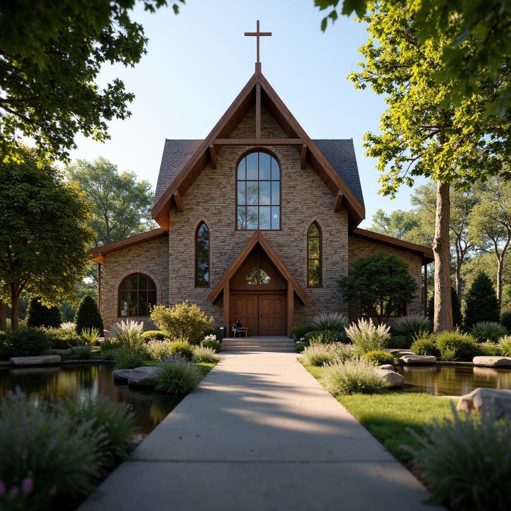 Prompt: Suburban church building, rustic stone fa\u00e7ade, stained glass windows, grand entrance doors, wooden pews, vaulted ceilings, natural light pouring in, serene atmosphere, lush greenery surroundings, blooming flowers, tranquil pond, walking paths, mature trees, sunny day, soft warm lighting, shallow depth of field, 3/4 composition, panoramic view, realistic textures, ambient occlusion.