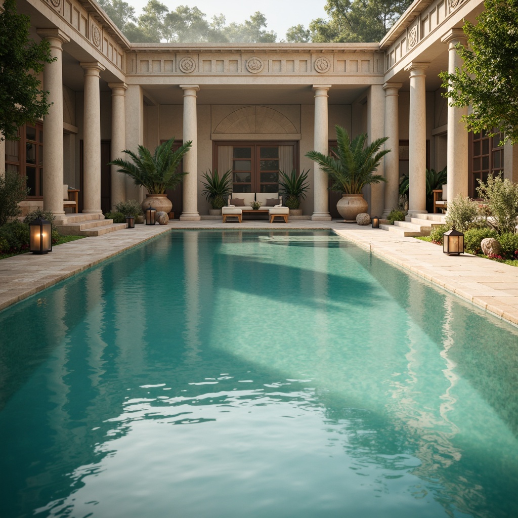 Prompt: Timeless swimming pool, serene water reflections, gentle ripples, ornate stone carvings, classic Greek columns, symmetrical architecture, soothing turquoise waters, creamy white marble floors, warm beige coping stones, elegant lanterns, lush greenery surroundings, natural rock formations, subtle waterfall features, misty morning atmosphere, soft warm lighting, shallow depth of field, 1/1 composition, realistic textures, ambient occlusion.