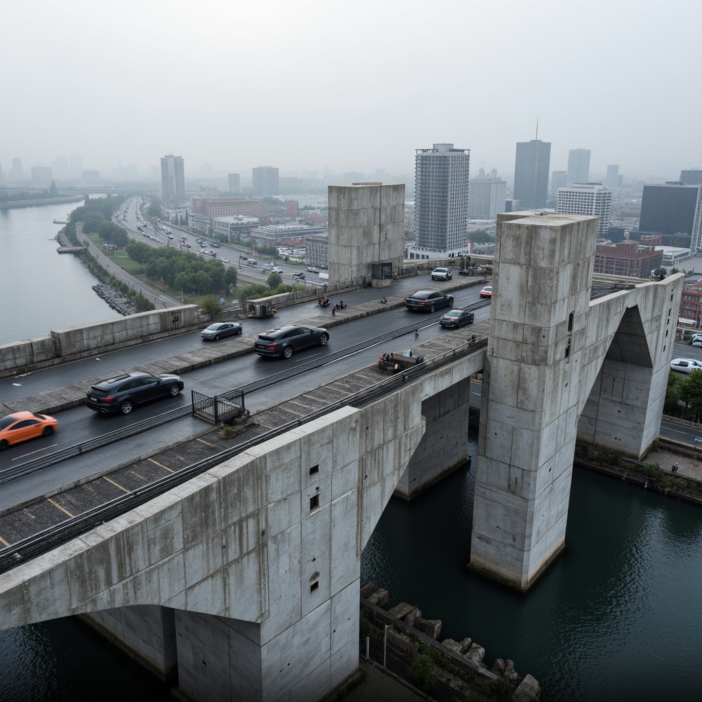 Prompt: Rugged brutalist bridge, angular concrete forms, raw unfinished textures, industrial metal railings, utilitarian functionality, imposing structural elements, dramatic lighting effects, misty atmospheric conditions, urban cityscape backdrop, busy roadways, modern transportation infrastructure, sleek vehicle traffic, pedestrians and cyclists, functional pedestrian paths, accessible ramps, safety barriers, reinforced concrete piers, massive pillars, cantilevered sections, brutalist architectural style, monolithic structure, fortress-like appearance, monumental scale, harsh materiality, abstract sculptural form, geometric shapes, bold structural expression.