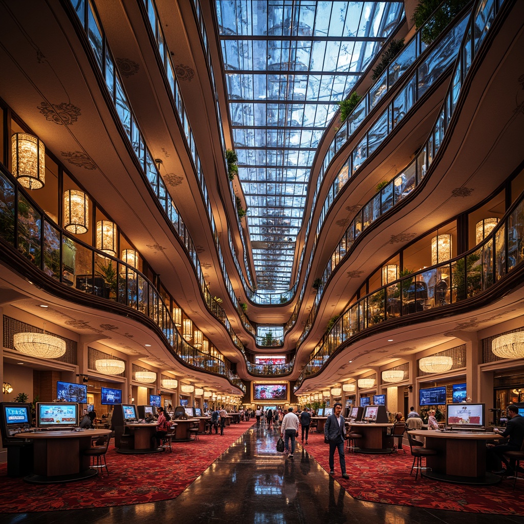 Prompt: Sleek curvilinear casino building, iridescent glass fa\u00e7ade, undulating wave-like roofline, opulent interior spaces, lavish chandeliers, intricate ornate patterns, marble floors, velvety carpets, dramatic spotlighting, warm golden lighting, soft focus photography, shallow depth of field, 1/1 composition, atmospheric misting systems, futuristic ambiance, luxury gaming tables, VIP lounge areas, neon signage, vibrant colorful accents, metallic sheen materials, fluid organic shapes.