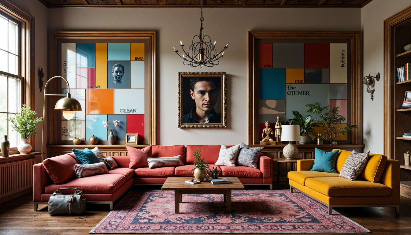 Prompt: Eclectic living room, bold color blocking, irregular furniture shapes, mixed materials, distressed wood accents, ornate metal fixtures, playful typography, oversized decorative elements, abstract artwork, fragmented mirrors, unconventional lighting fixtures, cozy reading nooks, plush area rugs, vibrant patterned upholstery, whimsical accessories, dynamic spatial flow, 1/2 composition, warm softbox lighting, rich textures, subtle ambient occlusion.