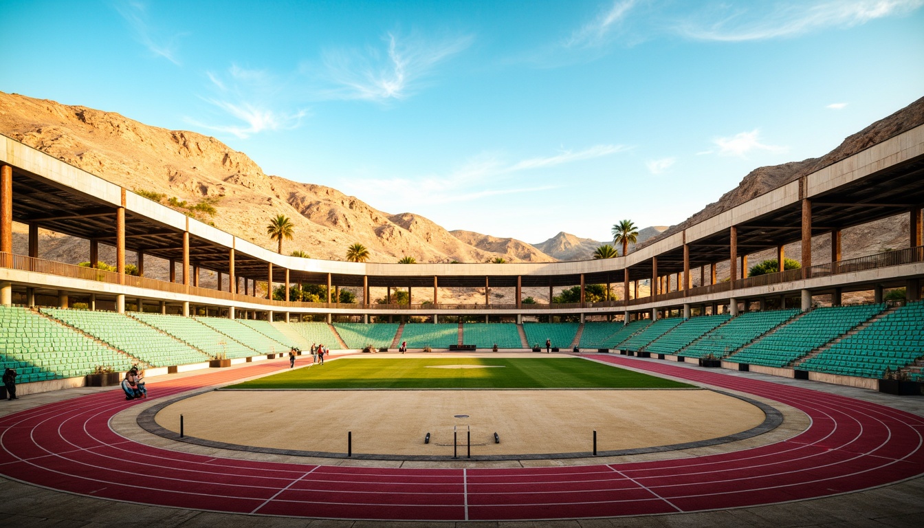 Prompt: Arid desert landscape, sandy dunes, cactus plants, hot sunny day, clear blue sky, vast open space, modern stadium architecture, curved lines, angular shapes, metallic structures, rusted steel accents, warm beige concrete, vibrant turquoise seats, bold red track lanes, lush green grass fields, ambient occlusion, shallow depth of field, 3/4 composition, panoramic view, realistic textures, dramatic sunset lighting.