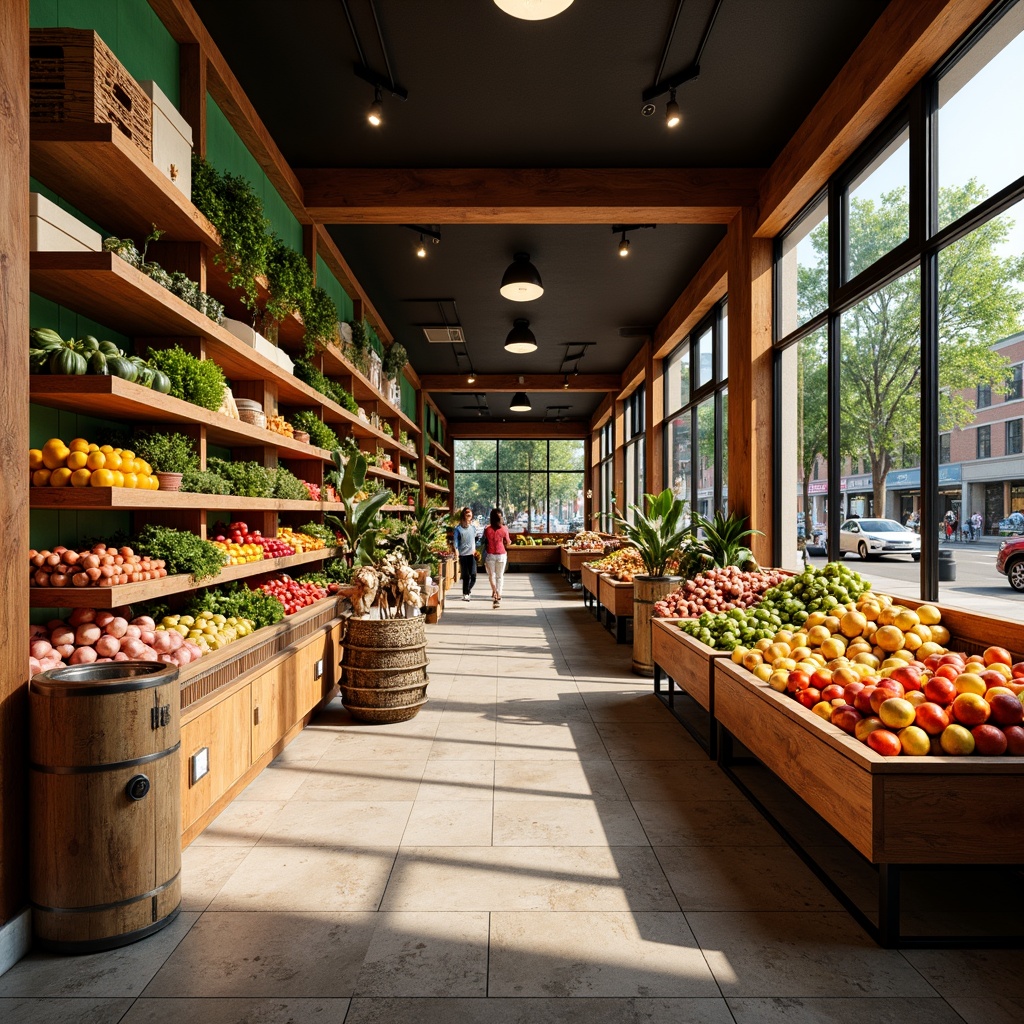 Prompt: Vibrant grocery store, warm earthy tones, rich wood accents, fresh produce displays, colorful fruit arrangements, natural stone flooring, modern metal shelving, bright overhead lighting, inviting storefront, large windows, bustling street scene, urban landscape, afternoon sunlight, shallow depth of field, 1/1 composition, realistic textures, ambient occlusion.