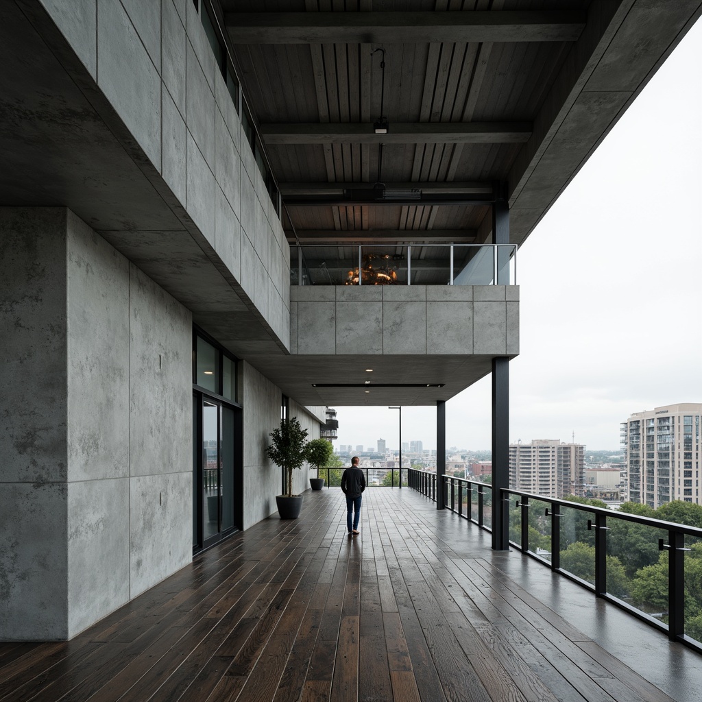 Prompt: Exposed concrete walls, industrial steel beams, polished chrome accents, reclaimed wooden floors, minimalist glass railings, sleek aluminum frames, cantilevered roofs, brutalist textures, monochromatic color schemes, abstract sculptures, geometric patterns, urban cityscape views, overcast skies, dramatic shadowing, low-angle photography, cinematic compositions, atmospheric lighting, futuristic ambiance.