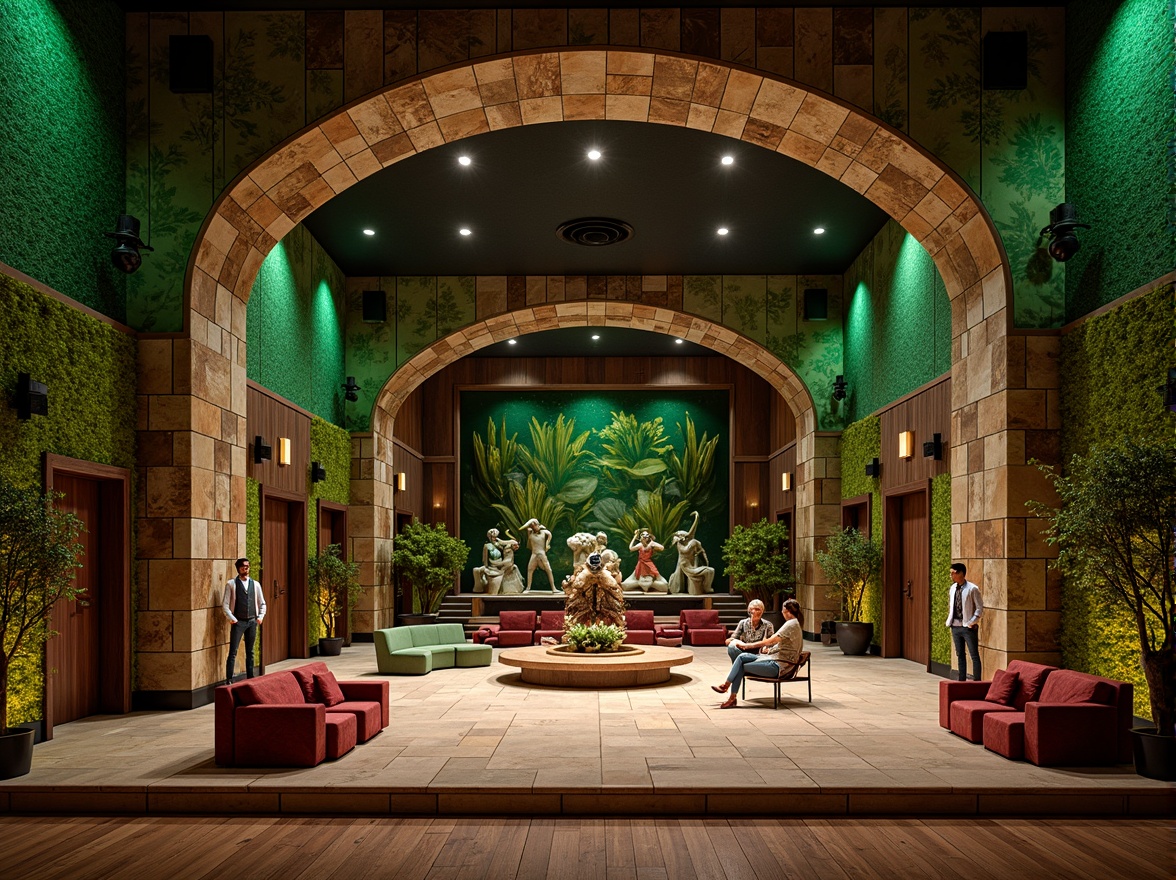 Prompt: Vibrant theater facade, lush green walls, curved lines, natural stone textures, wooden accents, warm ambient lighting, soft spotlighting, cozy seating areas, plush velvet fabrics, rich wood tones, metallic bronze details, eclectic art pieces, whimsical sculptures, abstract murals, earthy color palette, mossy greens, weathered copper, distressed wood, organic shapes, free-form architecture, playful geometries, dramatic stage lighting, cinematic atmosphere.