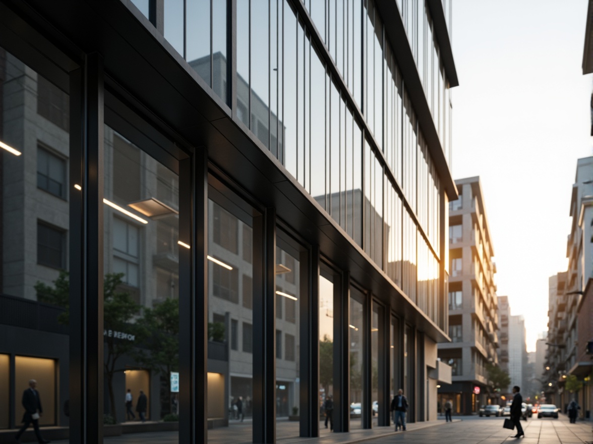 Prompt: Streamlined modern facade, large windows with minimalist frames, sleek metal mullions, reflective glass surfaces, angular lines, industrial chic aesthetic, urban cityscape, morning sunlight, soft warm glow, shallow depth of field, 3/4 composition, panoramic view, realistic textures, ambient occlusion.