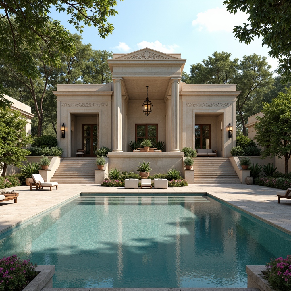 Prompt: Grandiose pool house, ornate columns, carved stone facades, symmetrical architecture, majestic entrance, sweeping staircases, elegant lanterns, refined water features, serene natural surroundings, lush greenery, vibrant flowers, sunny day, soft warm lighting, shallow depth of field, 3/4 composition, panoramic view, realistic textures, ambient occlusion.