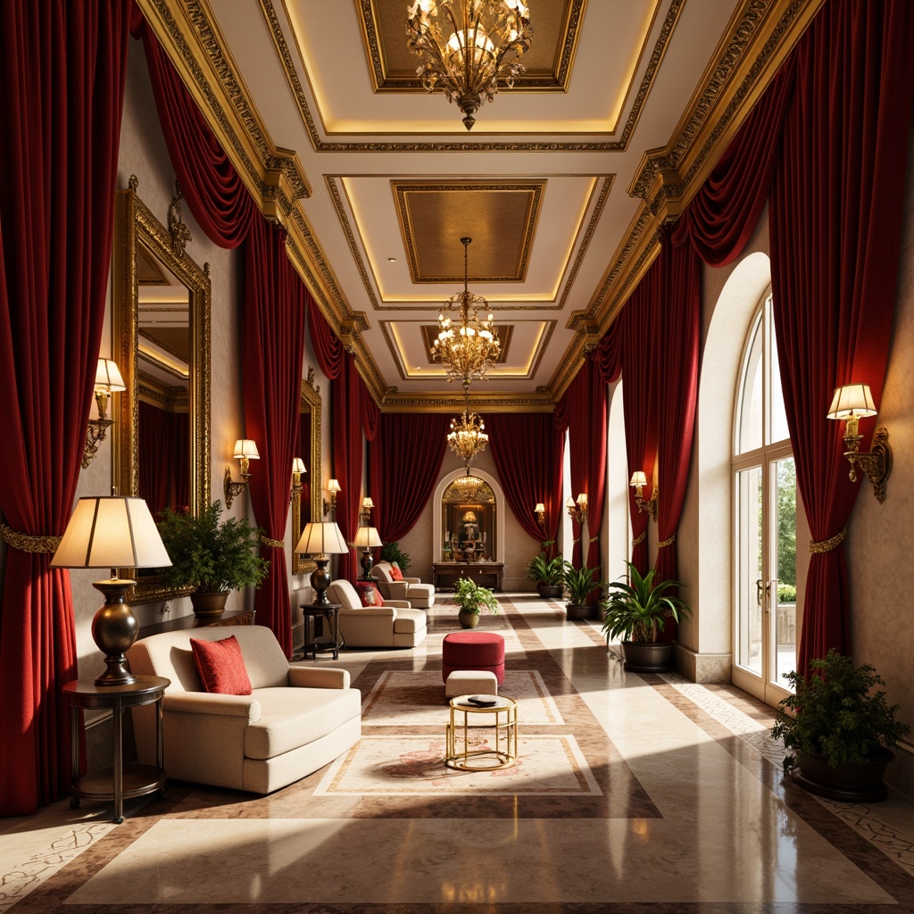 Prompt: Opulent hotel lobby, rich velvet drapes, gilded mirrors, ornate chandeliers, intricate wood carvings, lavish furnishings, regal crimson reds, imperial gold accents, creamy whites, soft beige tones, warm candlelight, dramatic shadows, luxurious textures, highly ornate details, curved lines, grandiose architecture, elegant proportions, refined ambiance, sophisticated color harmony, 1/2 composition, warm golden lighting, shallow depth of field, realistic reflections.