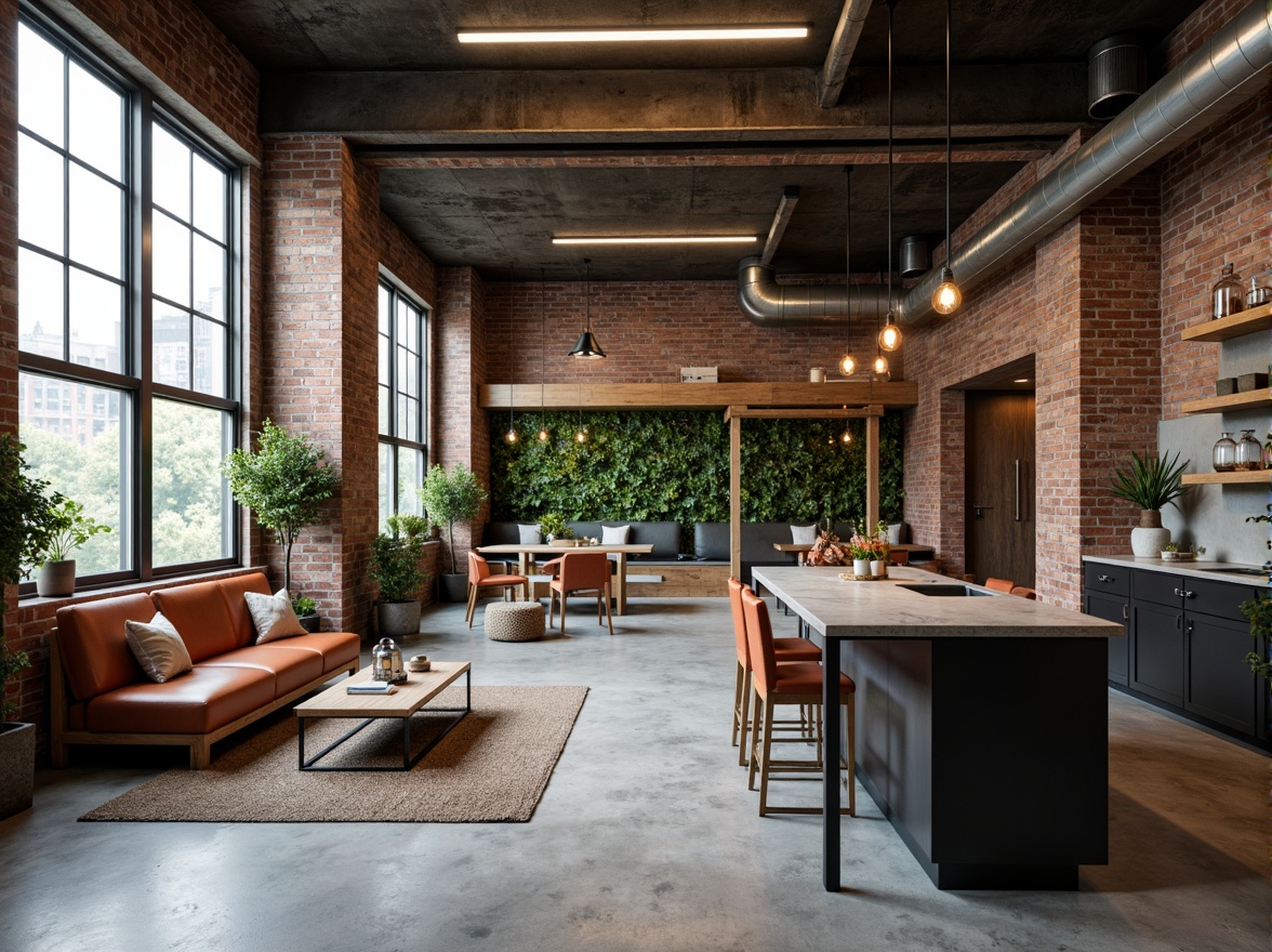 Prompt: Industrial-chic apartment, exposed brick walls, polished concrete floors, metallic accents, minimalist decor, modern furniture, sleek lines, urban loft atmosphere, natural light, floor-to-ceiling windows, green roof, living wall, vertical garden, reclaimed wood features, industrial-style lighting fixtures, Edison bulbs, raw steel beams, poured concrete countertops, matte black cabinets, ambient occlusion, shallow depth of field, 3/4 composition, realistic textures.