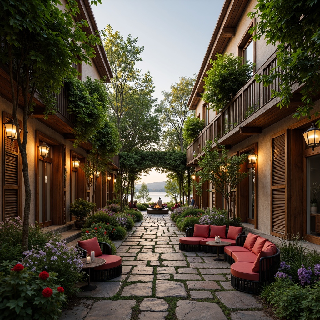 Prompt: Whimsical hostel courtyard, lush green vines, blooming flowers, rustic wooden benches, natural stone pathways, cozy lanterns, soft warm lighting, shallow depth of field, 3/4 composition, panoramic view, realistic textures, ambient occlusion, rolling hills, serene lakeside, misty morning, romantic sunset, vintage decorative elements, distressed wood accents, plush velvet fabrics, ornate metalwork details, eclectic art pieces, intimate communal spaces, social lounges, fire pit gatherings.