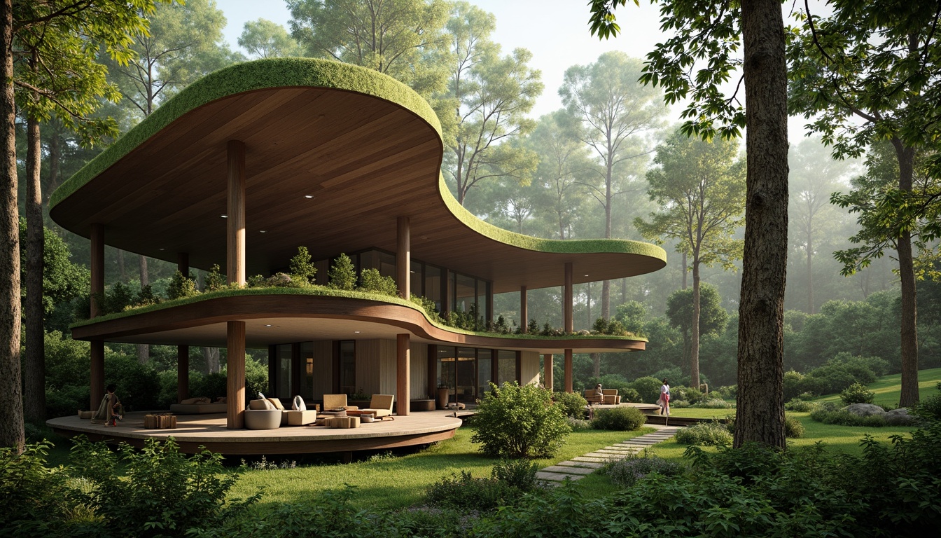 Prompt: Seamless forest integration, organic architecture, curved wooden structures, lush green roofs, tree-like columns, natural stone walls, earthy tones, minimalist design, floor-to-ceiling windows, sliding glass doors, panoramic forest views, dappled light filtering, misty atmosphere, serene ambiance, soft warm lighting, 3/4 composition, shallow depth of field, realistic textures, ambient occlusion.