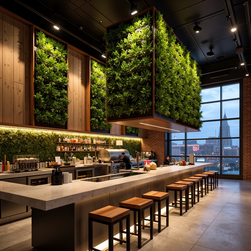 Prompt: Eco-friendly bars, recycled materials, reclaimed wood, living green walls, vertical gardens, energy-efficient lighting, solar-powered beer taps, organic cocktails, natural stone countertops, minimalist decor, industrial chic aesthetic, metallic accents, urban loft atmosphere, exposed brick walls, polished concrete floors, modern abstract art pieces, neon-lit cityscape views, warm cozy ambiance, soft warm lighting, shallow depth of field, 3/4 composition, realistic textures, ambient occlusion.