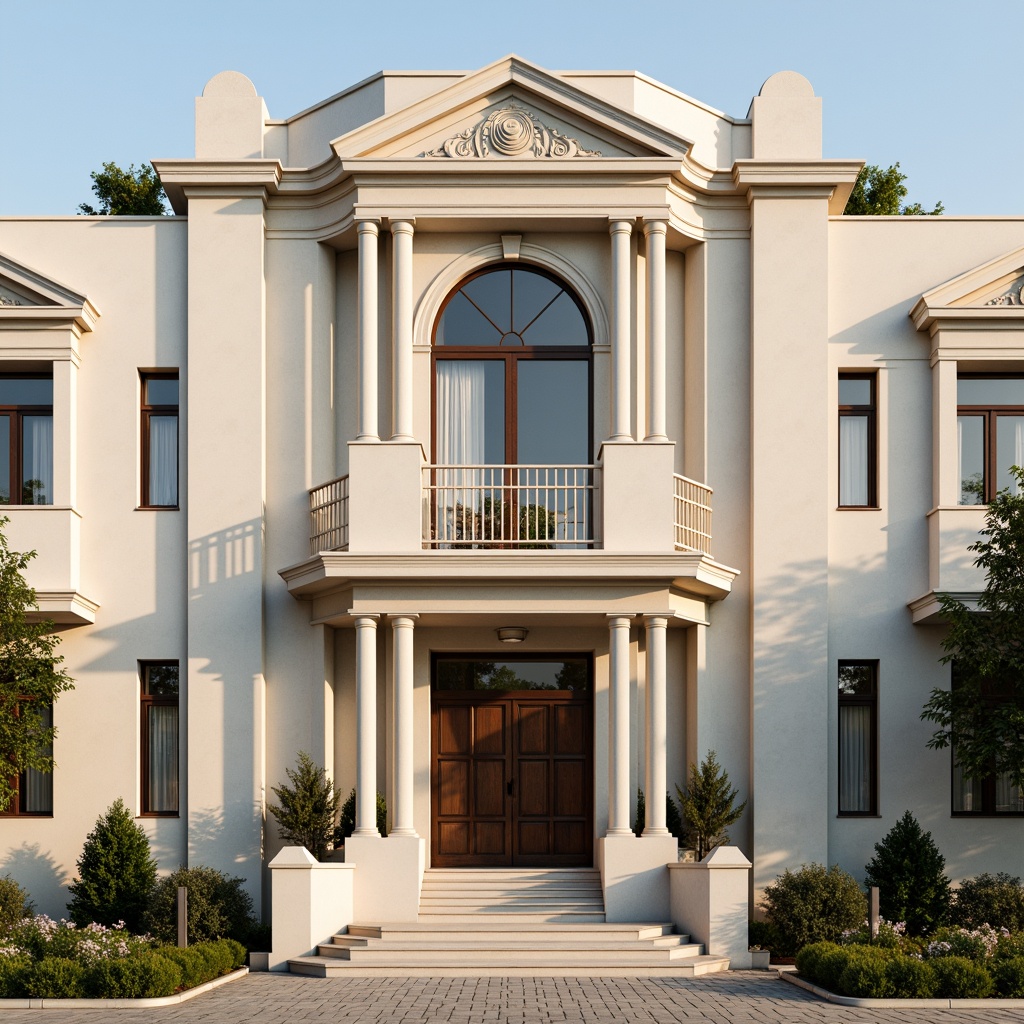 Prompt: Grandiose youth center facade, neoclassical architecture style, symmetrical composition, grand entrance, ionic columns, ornate details, curved arches, rusticated base, smooth stone walls, subtle color palette, cream-colored facade, elegant balconies, ornamental railings, refined stonework, imposing scale, harmonious proportions, soft natural lighting, warm afternoon sun, shallow depth of field, 1/2 composition, realistic textures, ambient occlusion.