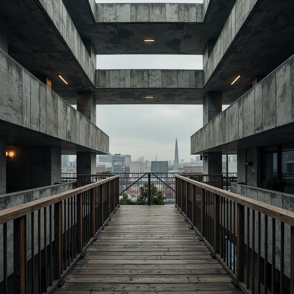 Prompt: Exposed concrete beams, rugged stone walls, brutalist architecture, industrial metal railings, weathered wooden planks, dramatic cantilevered sections, angular steel supports, minimalist lighting fixtures, urban cityscape background, gloomy overcast sky, high-contrast shadows, gritty realistic textures, atmospheric fog effects, 1-point perspective composition, cinematic wide-angle lens, detailed structural connections.