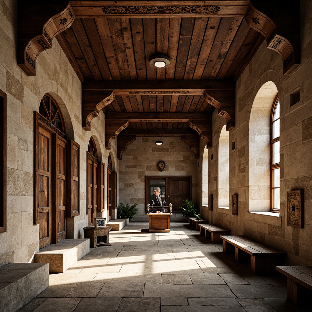 Prompt: Ancient monastery, rustic stone walls, weathered wooden doors, ornate carvings, grand halls, vaulted ceilings, stained glass windows, intricate mosaics, natural stone flooring, worn wooden benches, soft warm lighting, subtle shadows, 3/4 composition, atmospheric perspective, realistic textures, ambient occlusion.