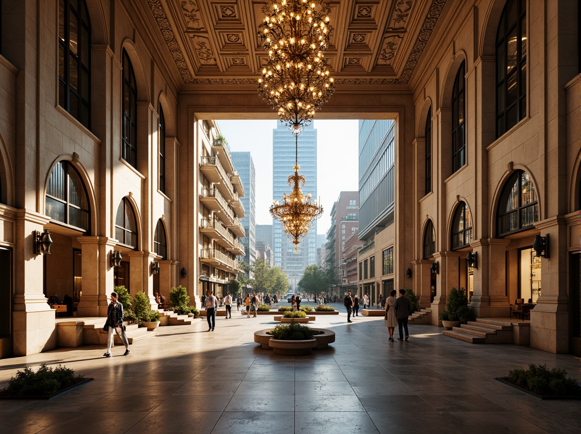 Prompt: Grand banking hall, lavish interior, ornate chandeliers, marble columns, intricate moldings, classical arches, symmetrical facade, granite stone walls, bronze details, large glass windows, revolving doors, urban cityscape, busy streets, modern skyscrapers, sunny day, soft warm lighting, shallow depth of field, 1/2 composition, realistic textures, ambient occlusion.