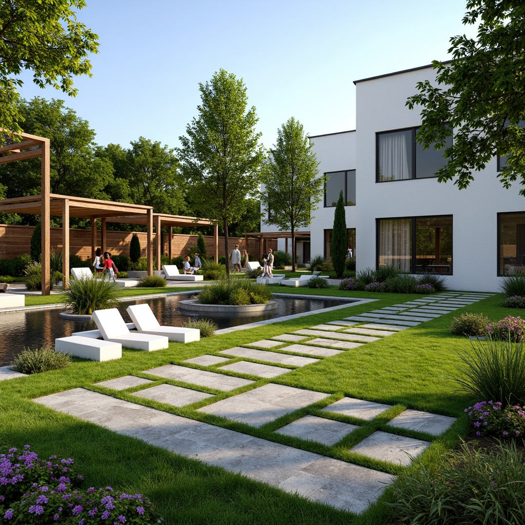 Prompt: Manicured lawn, ornamental trees, vibrant flowers, natural stone pathways, modern sculptures, sleek benches, minimalist water features, reflective pools, geometric patterns, rustic wooden fences, lush greenery, curved lines, harmonious colors, subtle lighting, ambient shadows, 3/4 composition, panoramic view, realistic textures, architectural integration.